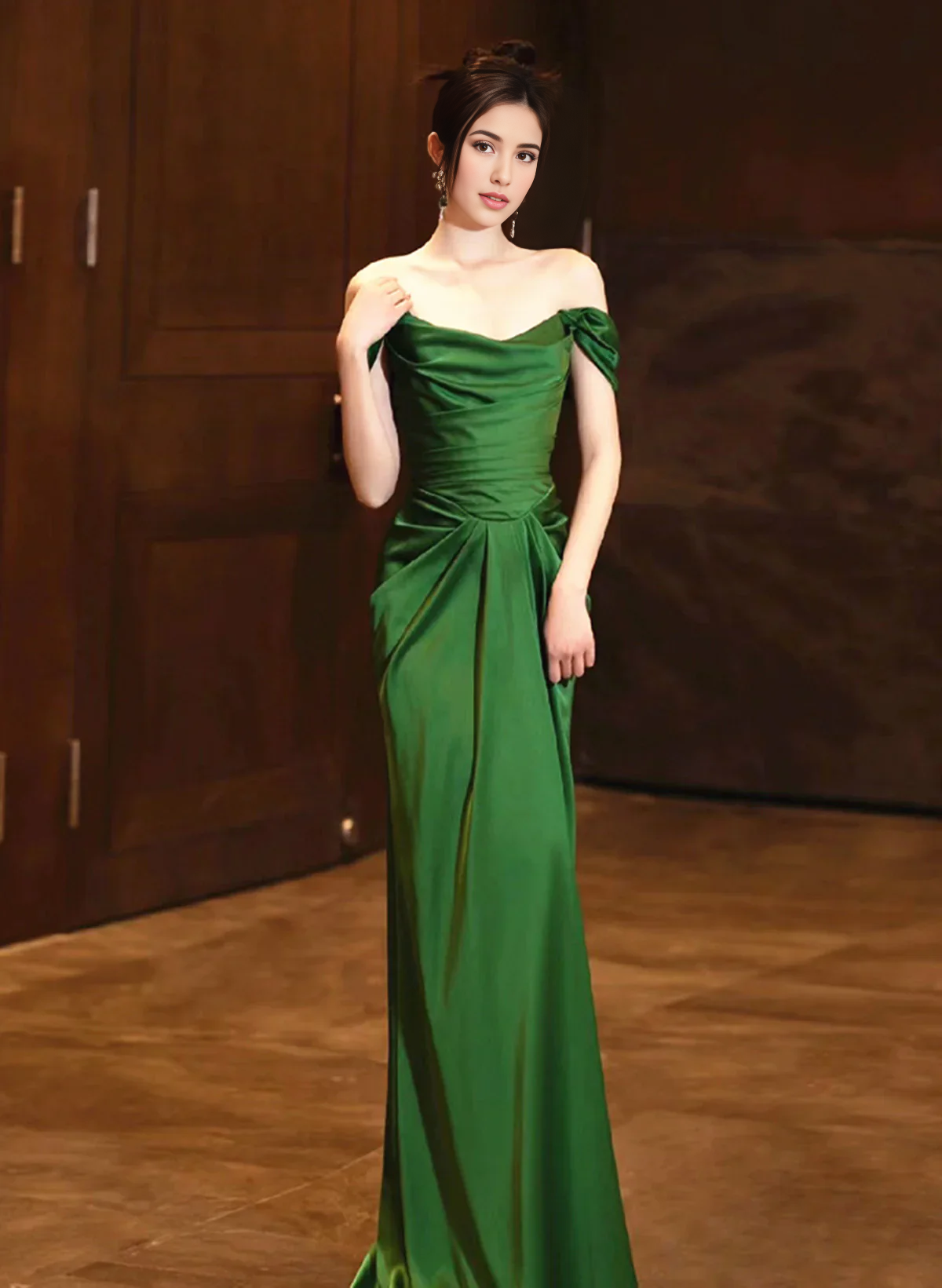 Robe de bal Weitese, robe de soirée longue en satin vert à épaules dénudées, robe de soirée formelle